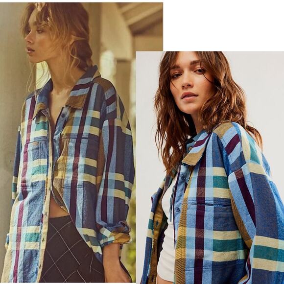 NEW Free People We The Free So Long Summer Plaid Top Blue Tan Small Shacket - Picture 3 of 8